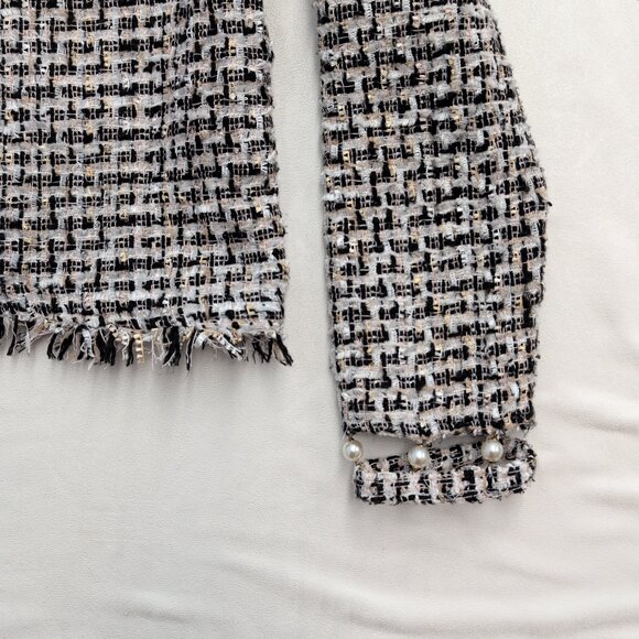 Zara Black & White Tweed Pearl-Cuff Crew Sweater Size S - Picture 7 of 9